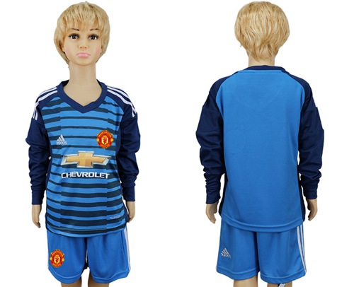 Manchester United Blank Blue Long Sleeves Kid Soccer Club Jersey